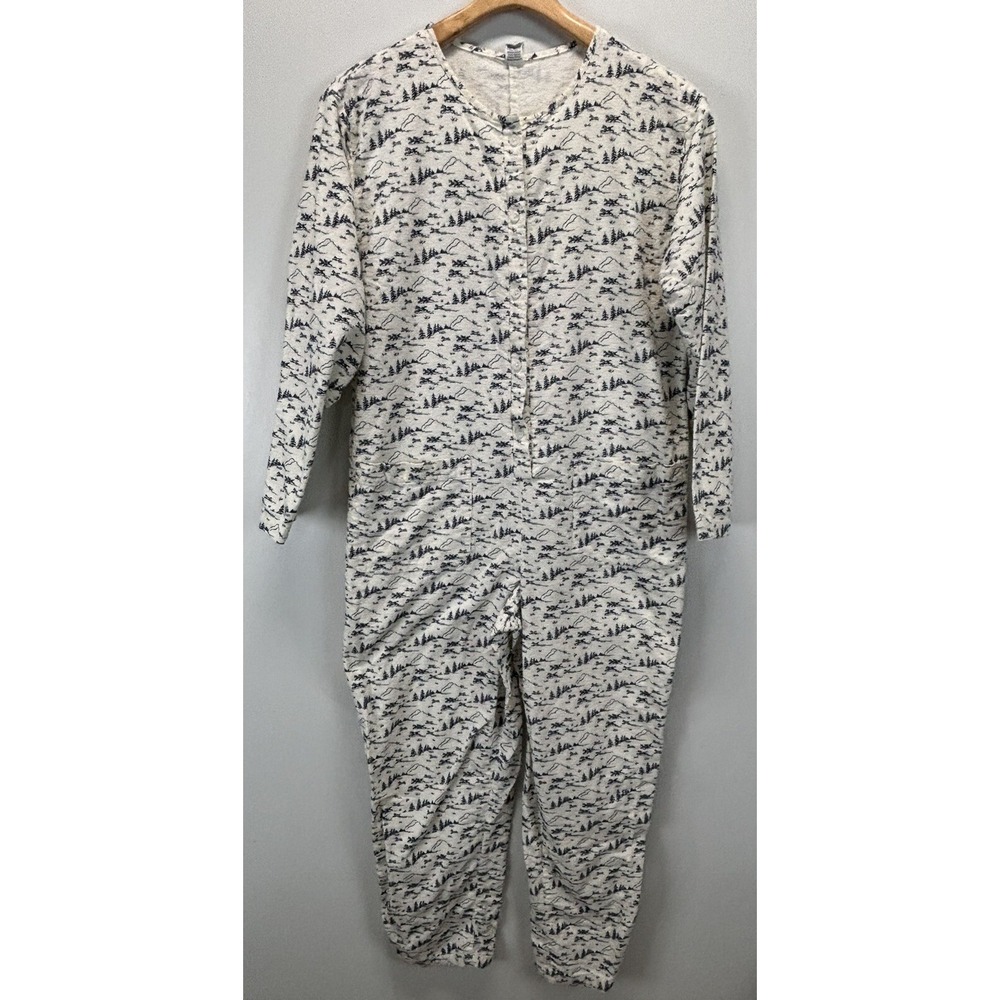 Vtg Lands' End Flannel One Piece Pajamas Sz Small 6 8 Women's White Pockets USA